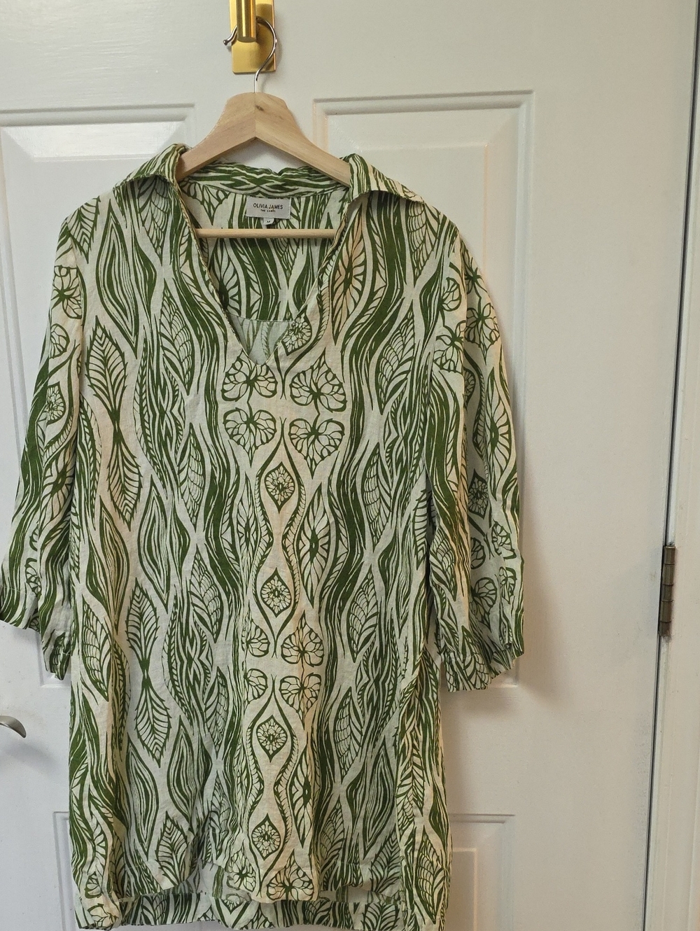 100% LINEN Olivia James Green Leaf-Print Cotton Tunic Top